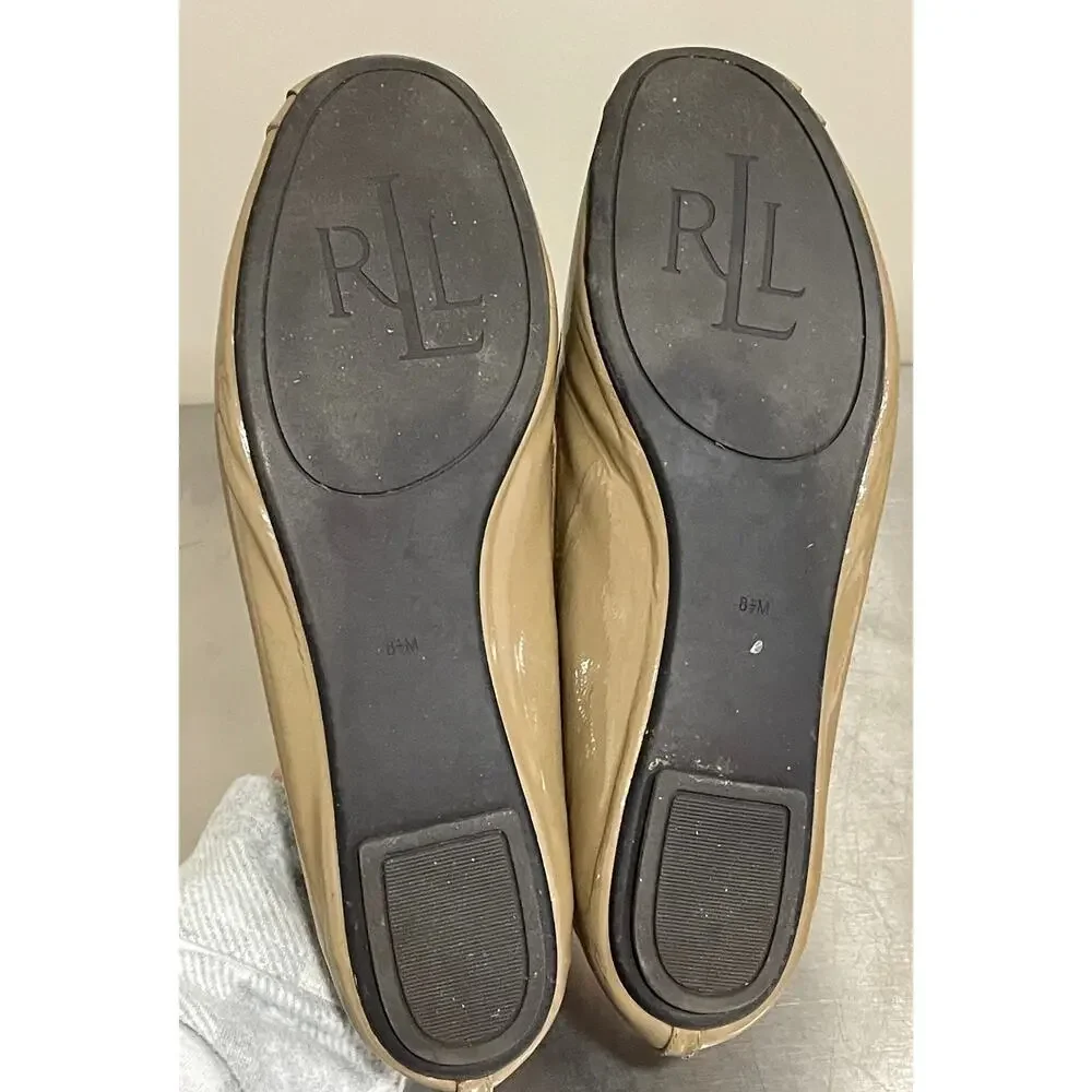 Lauren Ralph Lauren Patent Leather Tan Gold Flats Buckle Ballet Women's Sz 8.5